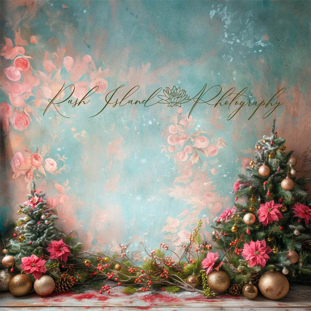 Kate Christmas Tree Pink Fine Art Flowers Wall Poinsettia Backdrop Designed by Laura Bybee