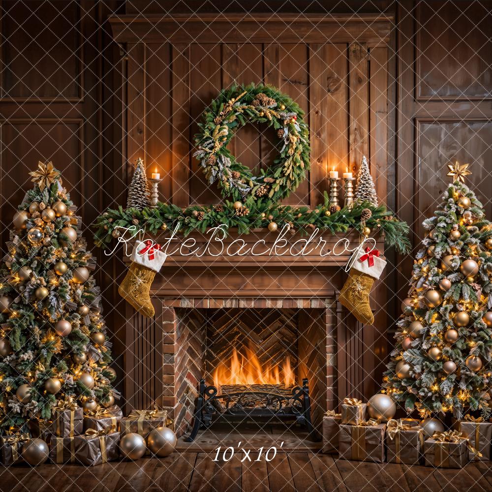 Kate Christmas Indoor Brown Fireplace Vintage Wall Backdrop Designed by Emetselch