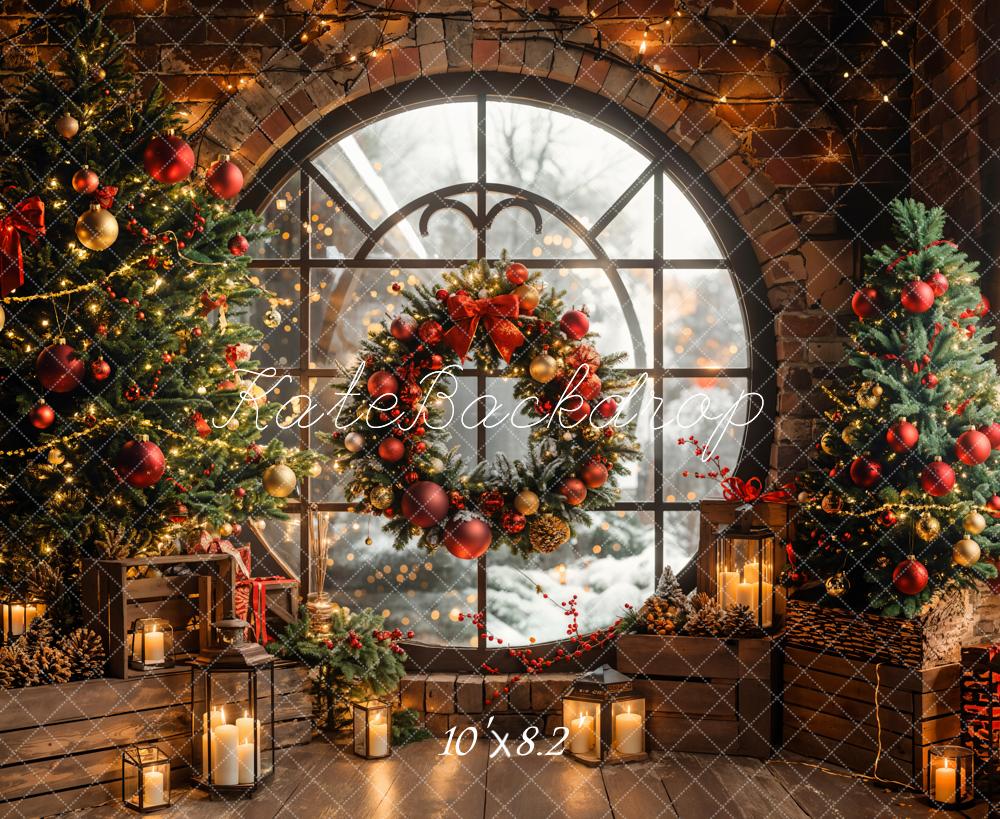 Kate Winter Christmas Indoor Circular Window Brick Wall Backdrop Designed by Emetselch