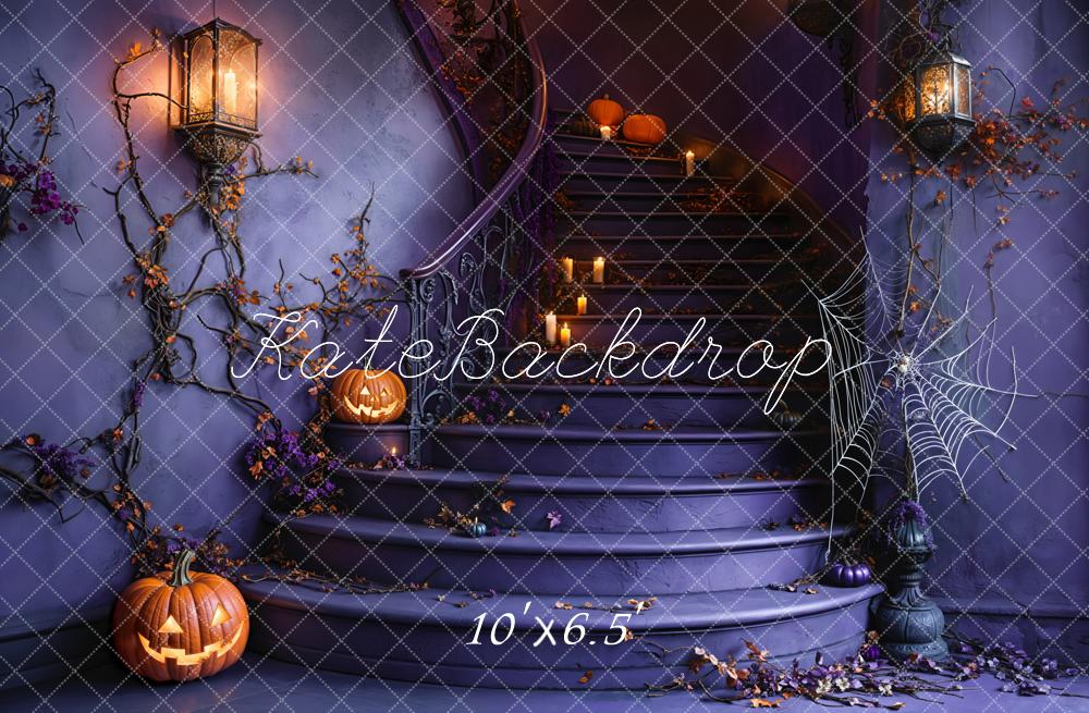 Kate Halloween Staircase Pumpkin Spider Web Backdrop Designed by Emetselch