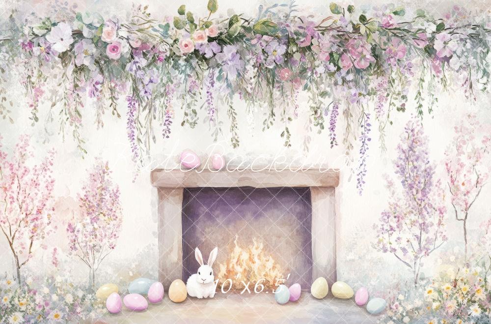 Kate Easter Cartoon Bunny Floral Fireplace Backdrop Designed by Mini MakeBelieve