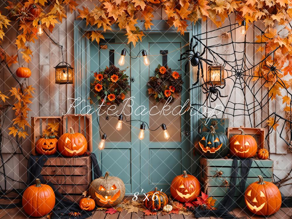 Halloween Pompoen Maple Blauwe Houten Deur Foto Achtergrond Designed by Emetselch