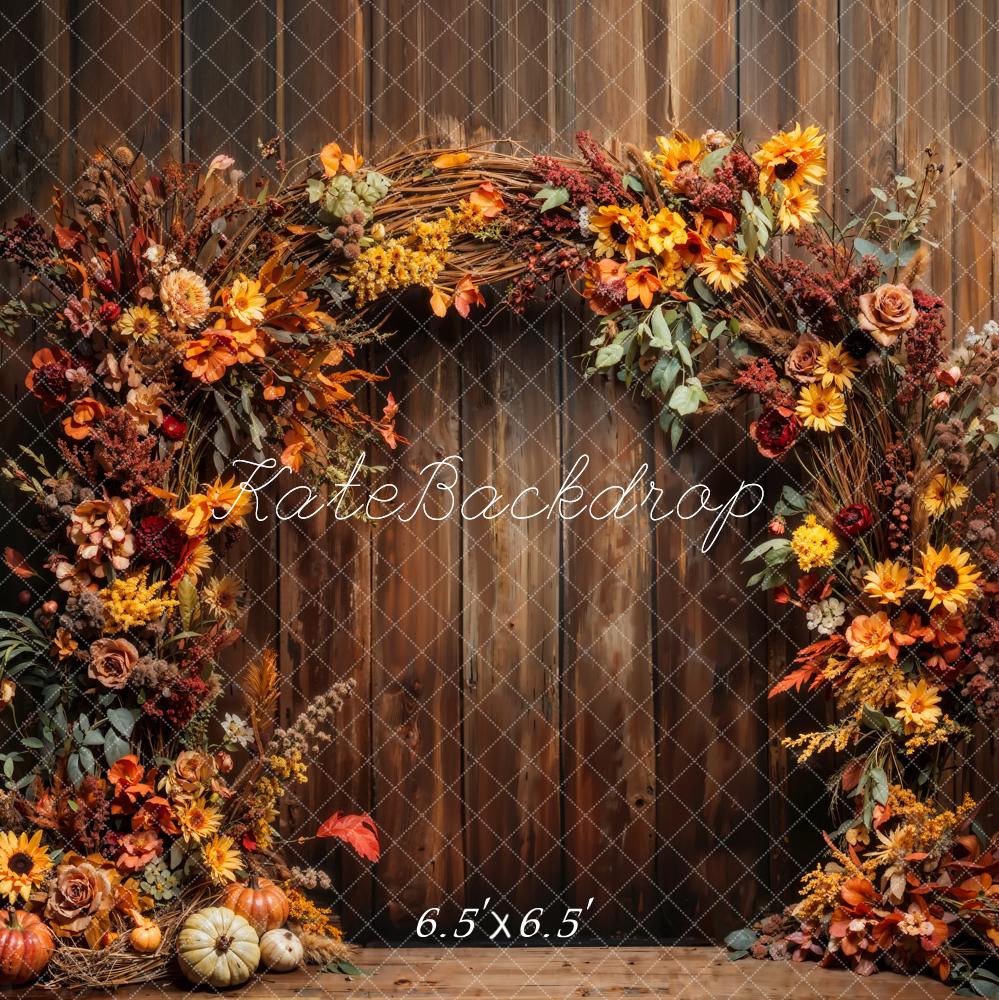 Pumpkin Artístico de Otoño para Pared de Madera con Arco de Flores – Diseñado por Chain Photography