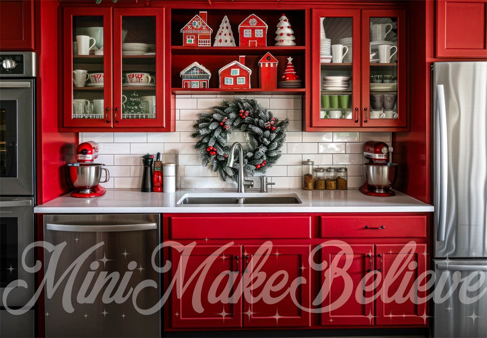 Natale Indoor Red Kitchen Backdrop Progettato da Mini MakeBelieve