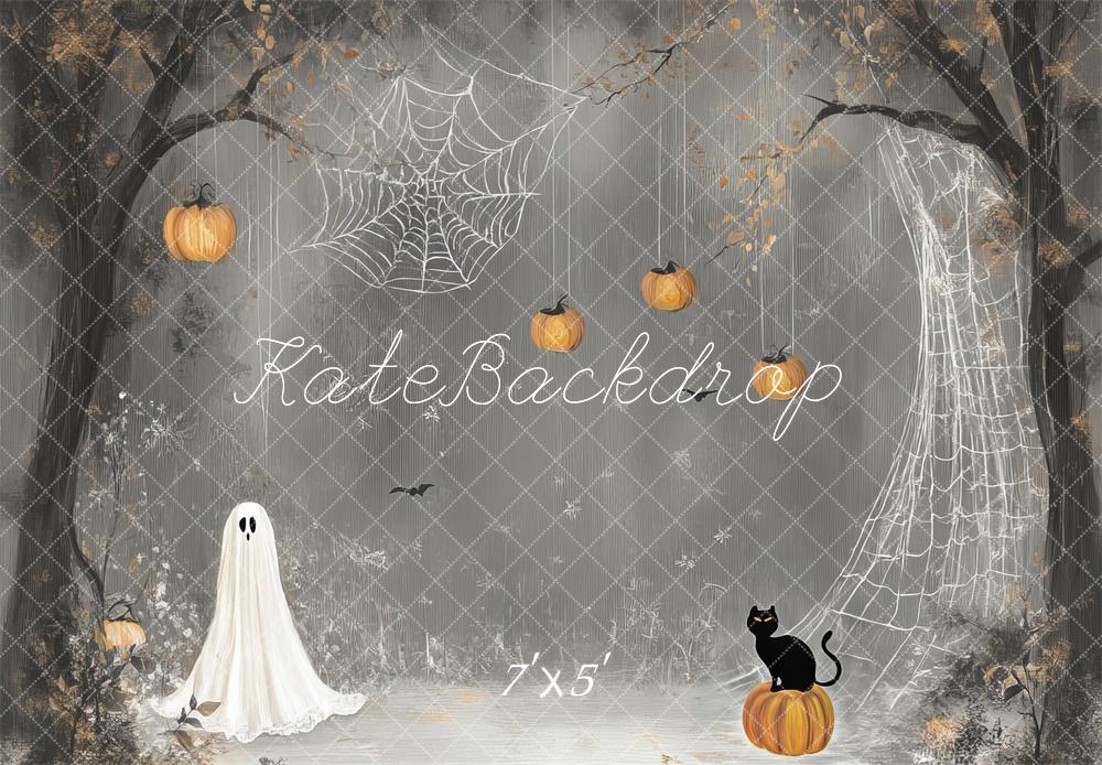 Halloween Cartoon Ghost and Spider Web Foto Achtergrond Designed by Lidia Redekopp