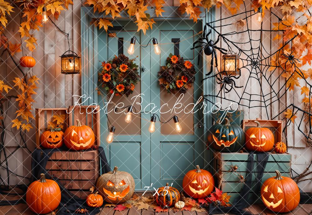 Halloween Pompoen Maple Blauwe Houten Deur Foto Achtergrond Designed by Emetselch