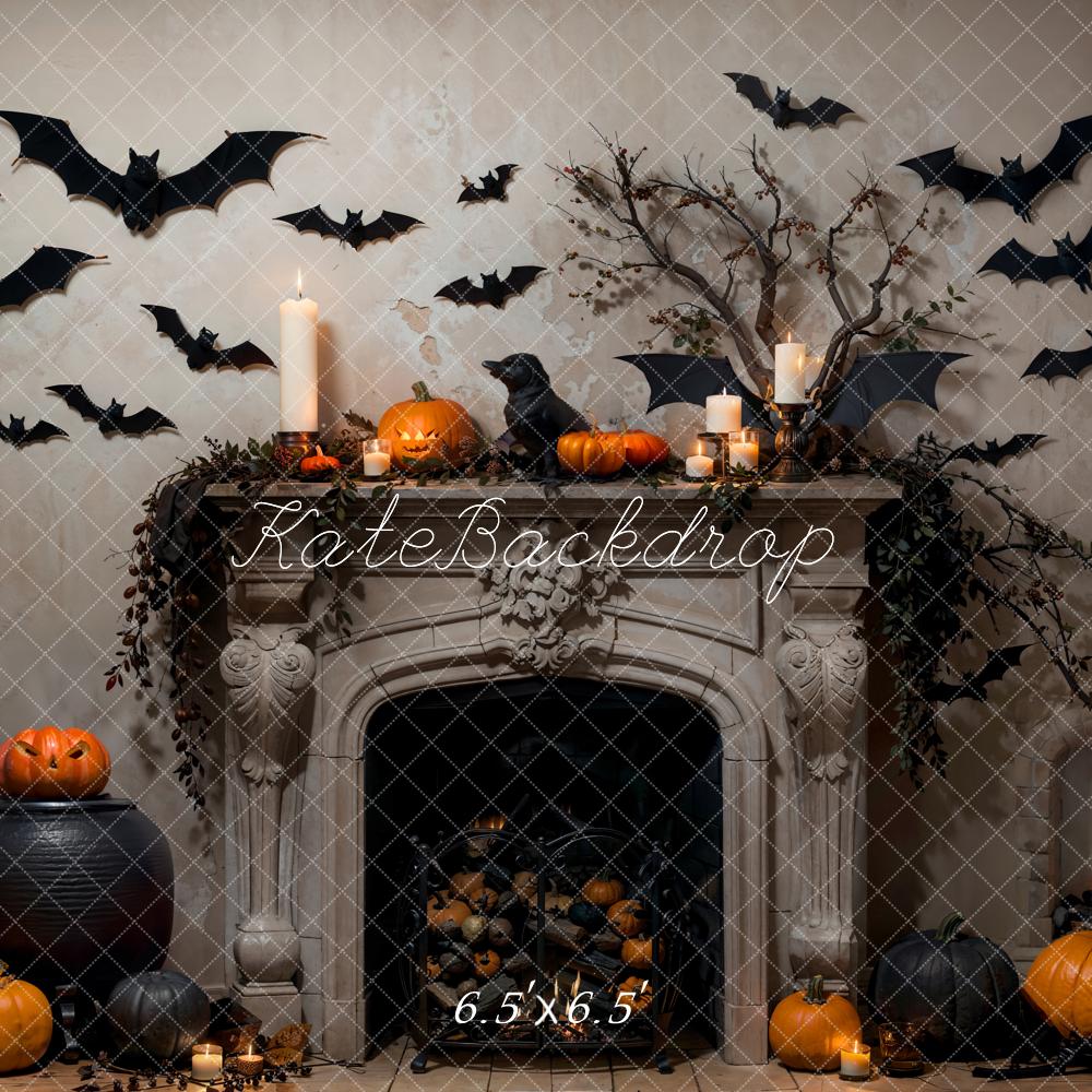 Kate Halloween Bat Gray Retro Fireplace Backdrop Designed by Emetselch