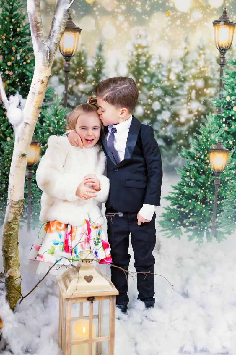 Kate Christmas Snow Forest Lights Backdrop for Photography