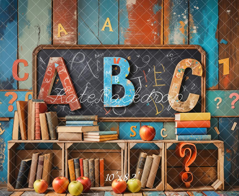 Kate Back to School Book Blackboard Colorful Wooden Wall Backdrop Designed by Emetselch