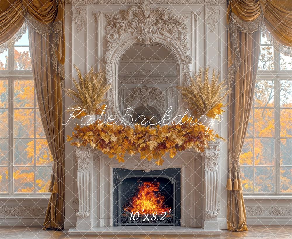 Fall White Fireplace and Window With Elegant Wall Foto Achtergrond Designed by Mini MakeBelieve