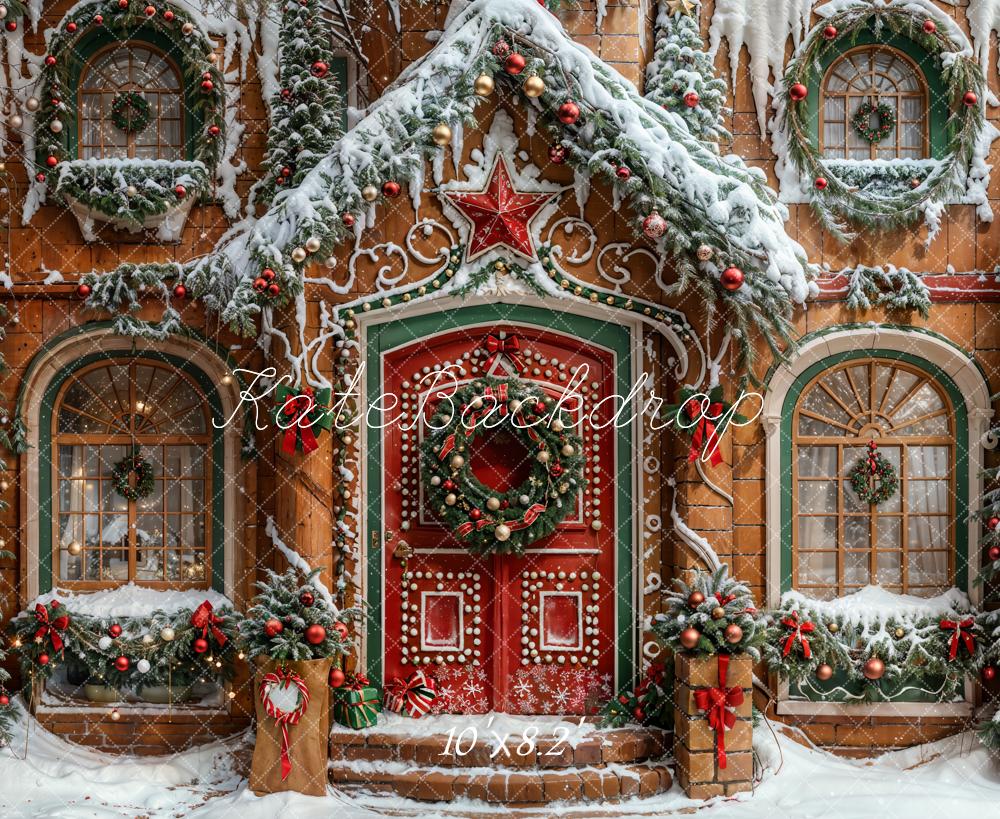 Kate Christmas Red Star Brown Gingerbread House Backdrop Designed by Emetselch