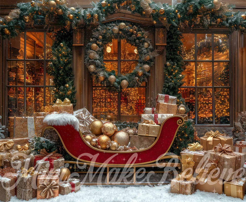 Winter Kerst Slee Cadeauwinkel Achtergrond Ontworpen door Mini MakeBelieve