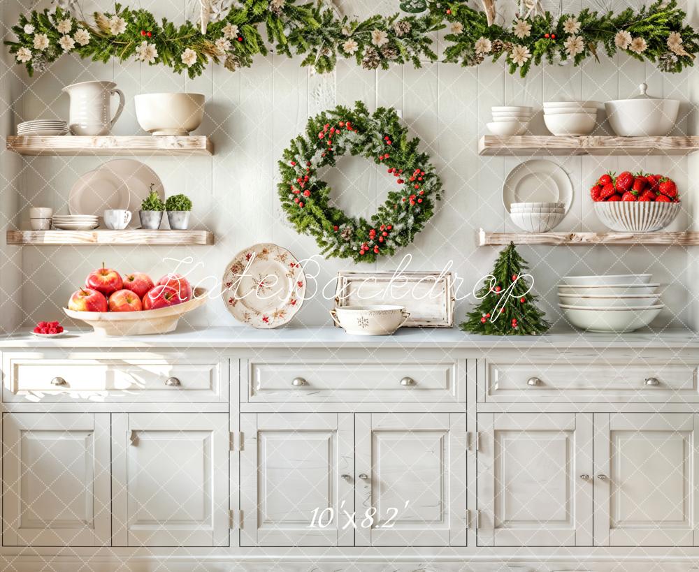 Kate Christmas Kitchen White Cabinets Cutlery Fruits Backdrop Designed by Emetselch