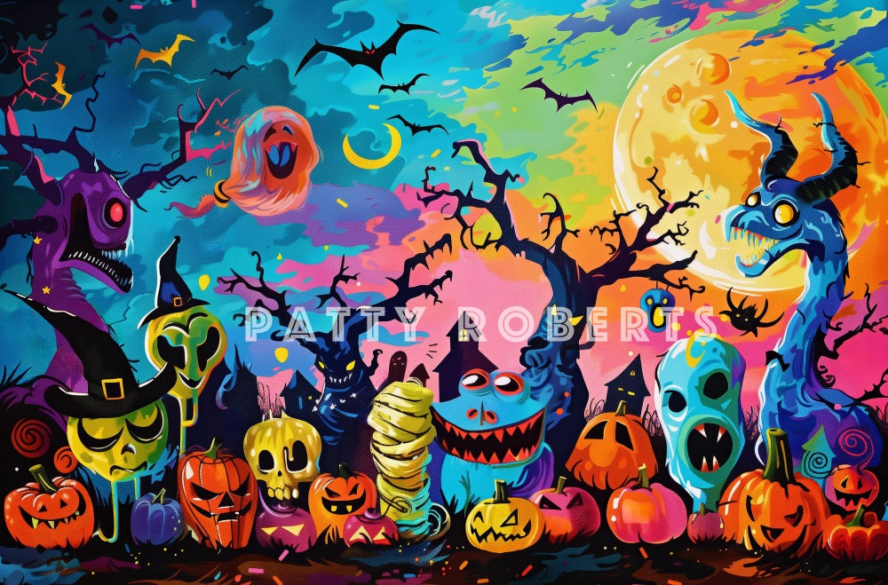 Kate Halloween Cartoon Colorful Monsters Backdrop Designed by Patty Robert