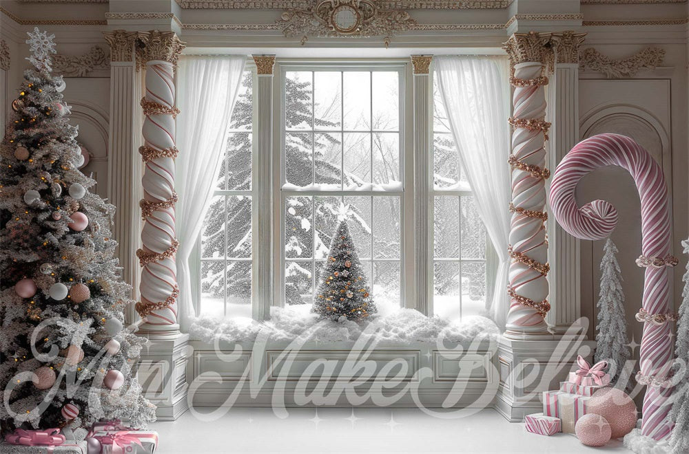Kerst Binnenroze Candy White Retro Inkaderd Raamachtergrond Ontworpen door Mini MakeBelieve