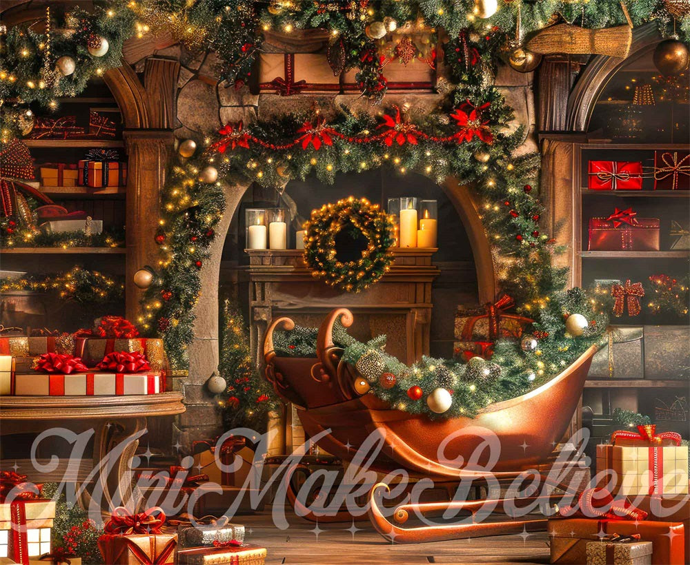 Tienda de Regalos de Navidad Dark Golden Sleigh Fondo diseñado por Mini MakeBelieve