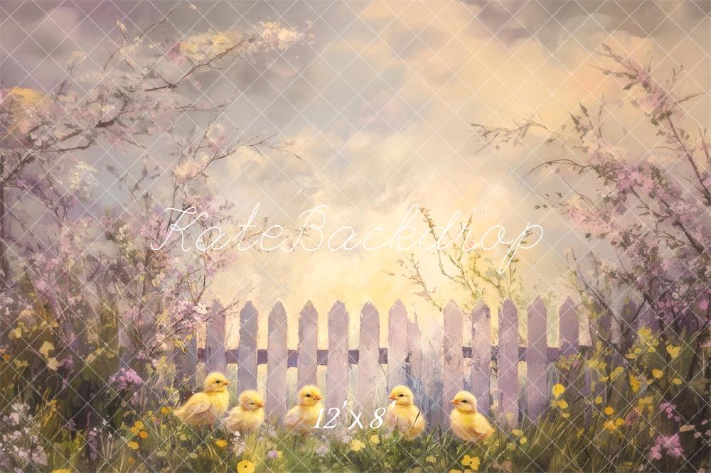 Easter Spring Chicks Fence Foto Achtergrond Designed by Lidia Redekopp