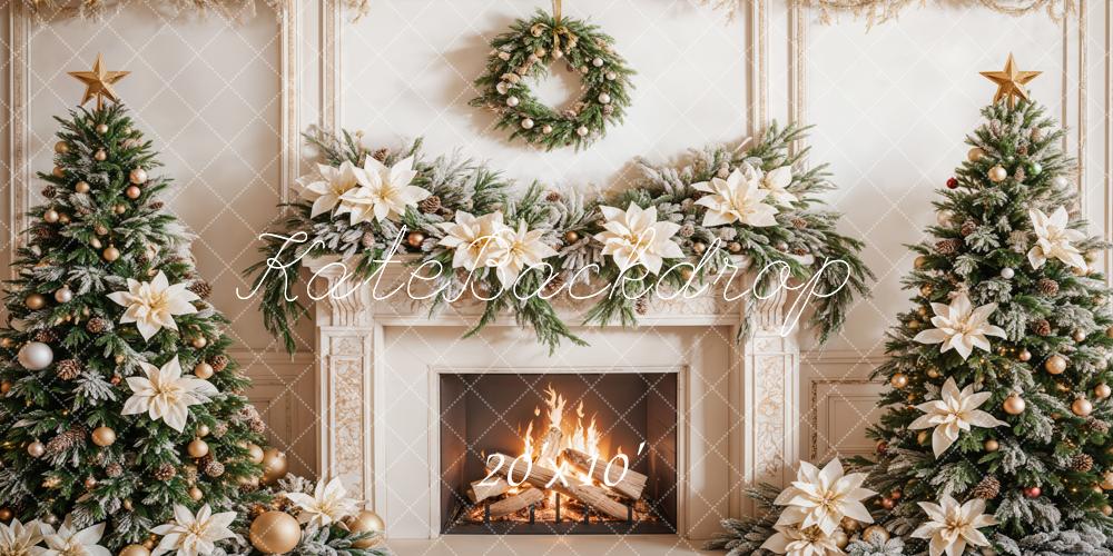 Fondo de chimenea de flores blancas navideñas y árboles diseñado por Emetselch