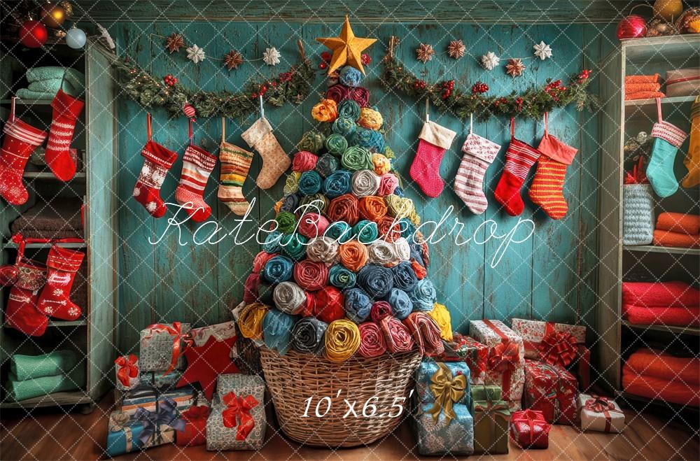 Kate Colorful Christmas Tree And Stockings With Retro Wooden Wall Backdrop Designed by Laura Bybee