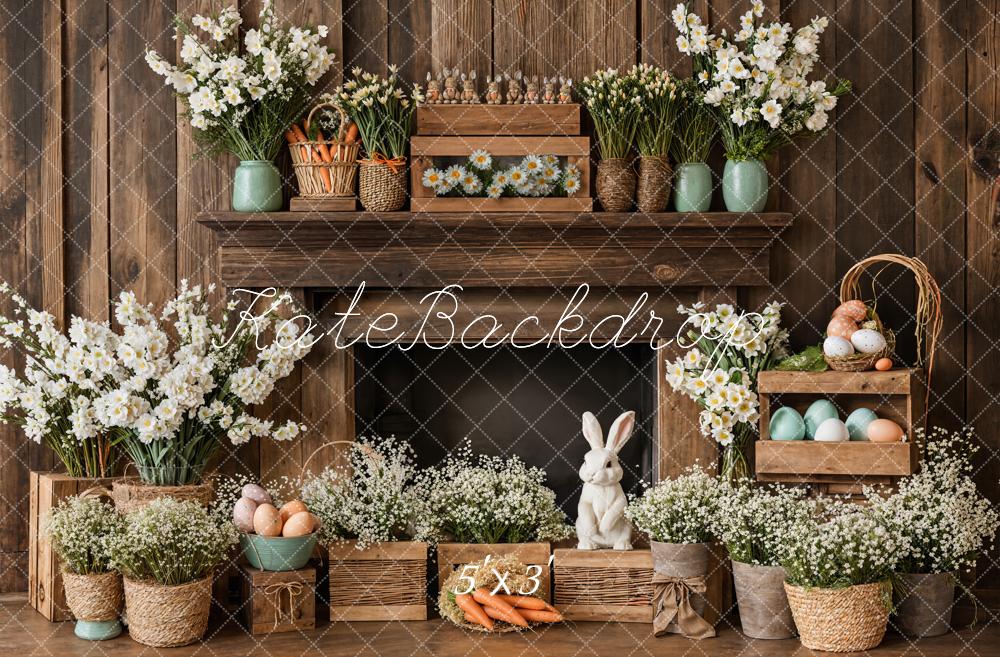 Kate Easter Fireplace Bunny Rustic Floral Backdrop Designed by Emetselch