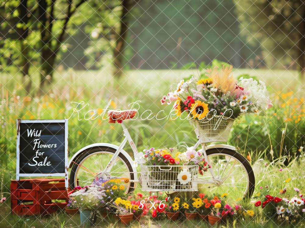 Kate Bicycle With Wild Flowers In A Sunny Meadow Backdrop Designed by Patty Robert