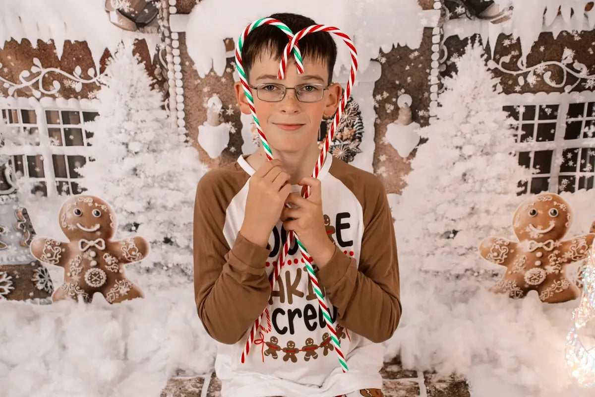 Kate Winter Christmas Gingerbread House Baking Cookies Backdrop Designed by Ashley Paul