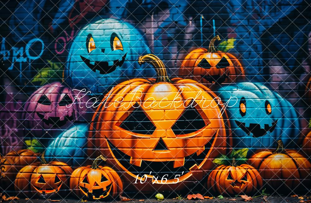 Kate Halloween Evil Pumpkin Graffiti Brick Wall Backdrop Designed by GQ