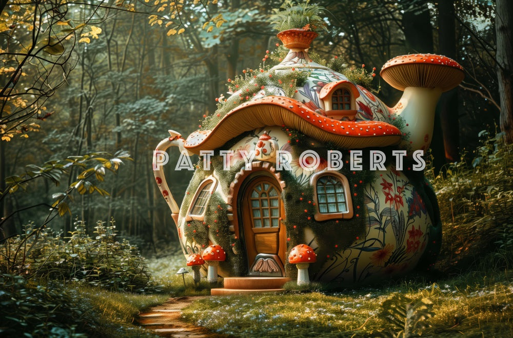 Kate Magical Forest Dreamy Colorful Floral Mushroom Teapot Hut Backdrop Designed by Patty Robert