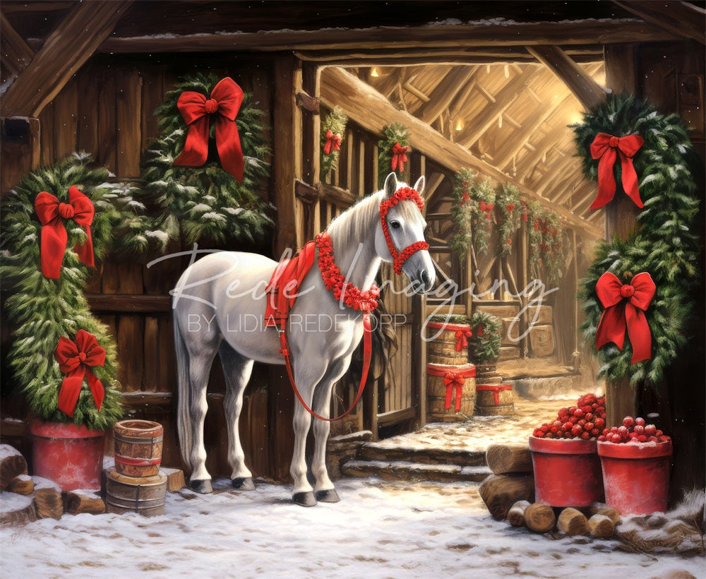 Kate Christmas Wreath Barn White Horse Backdrop Designed by Lidia Redekopp