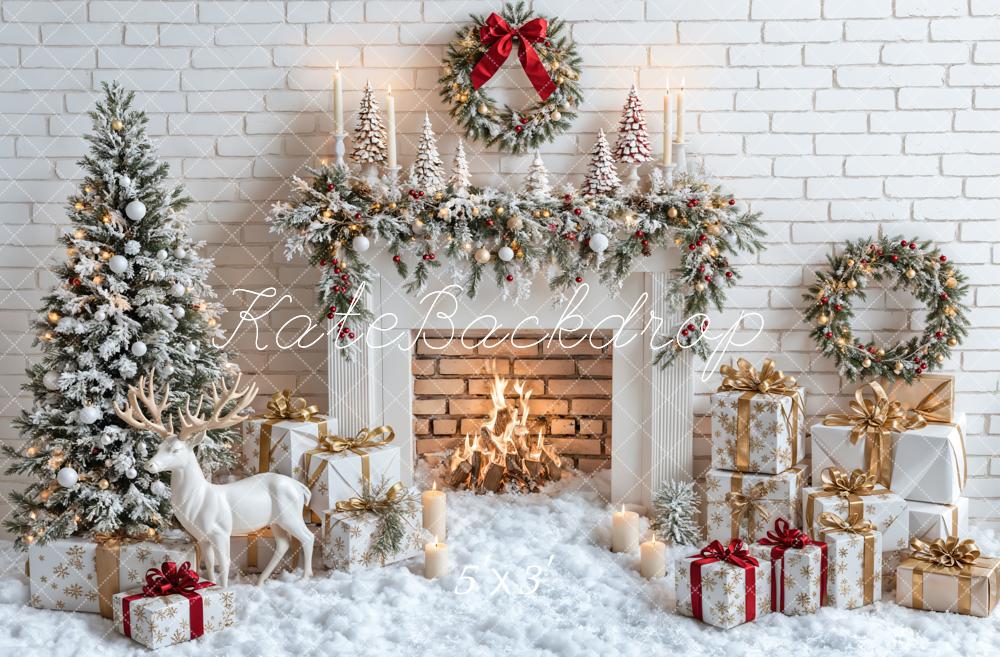 Kate Christmas Tree Fireplace Snow Deer Backdrop Designed by Emetselch