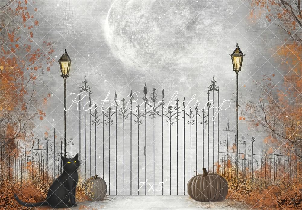 Sfondo del cancello della luna gatto cartone animato di Halloween Designed by Lidia Redekopp