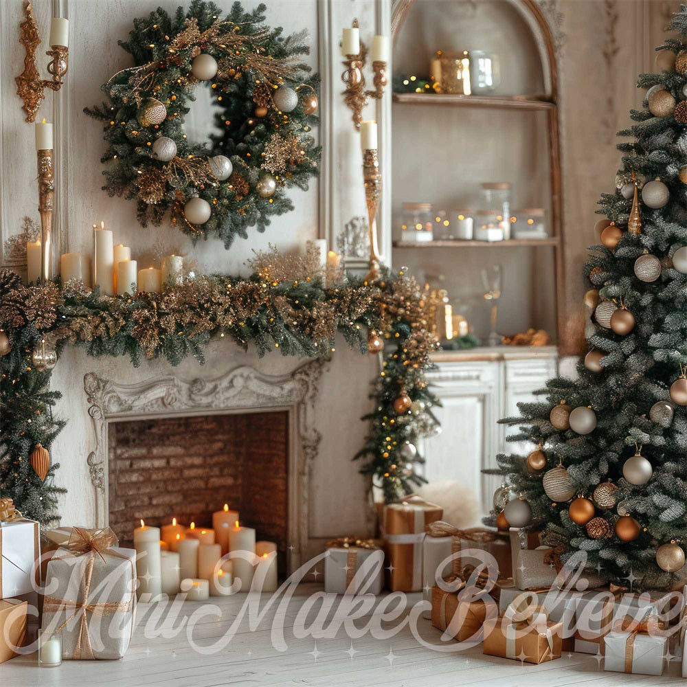 Kerst Binnen Wit Retro Bloemen Openhaard Achtergrond Ontworpen door Mini MakeBelieve