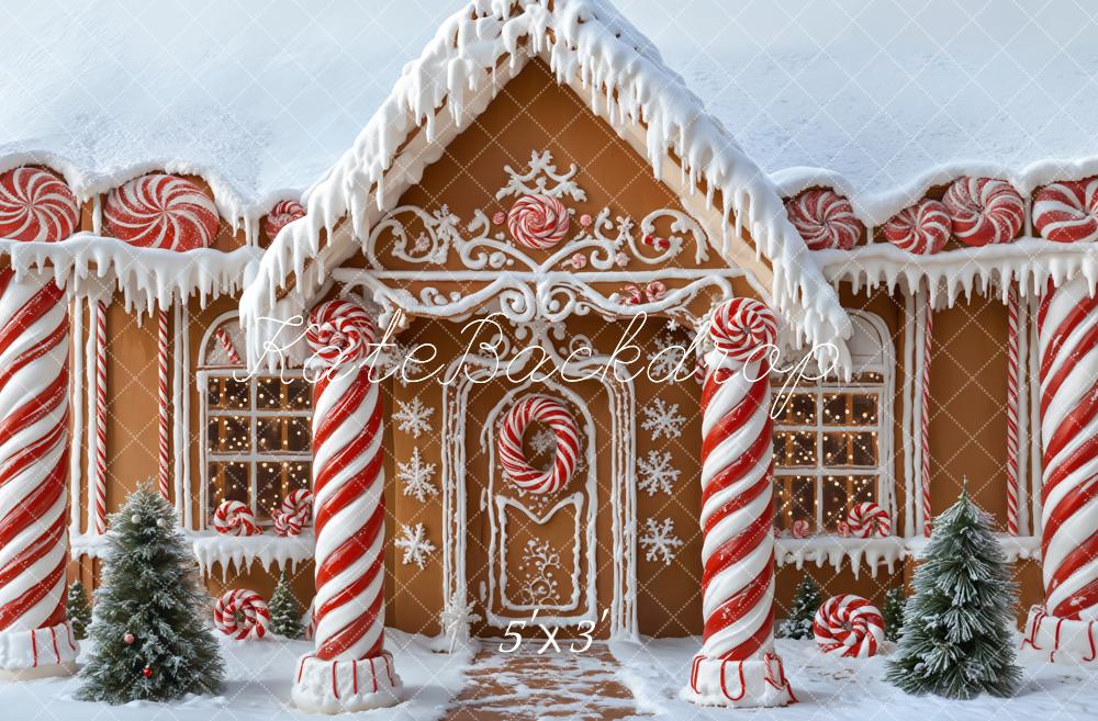 Kerstman Gingerbread Huis Snoepstokjes Sneeuw Foto Achtergrond Designed by Emetselch