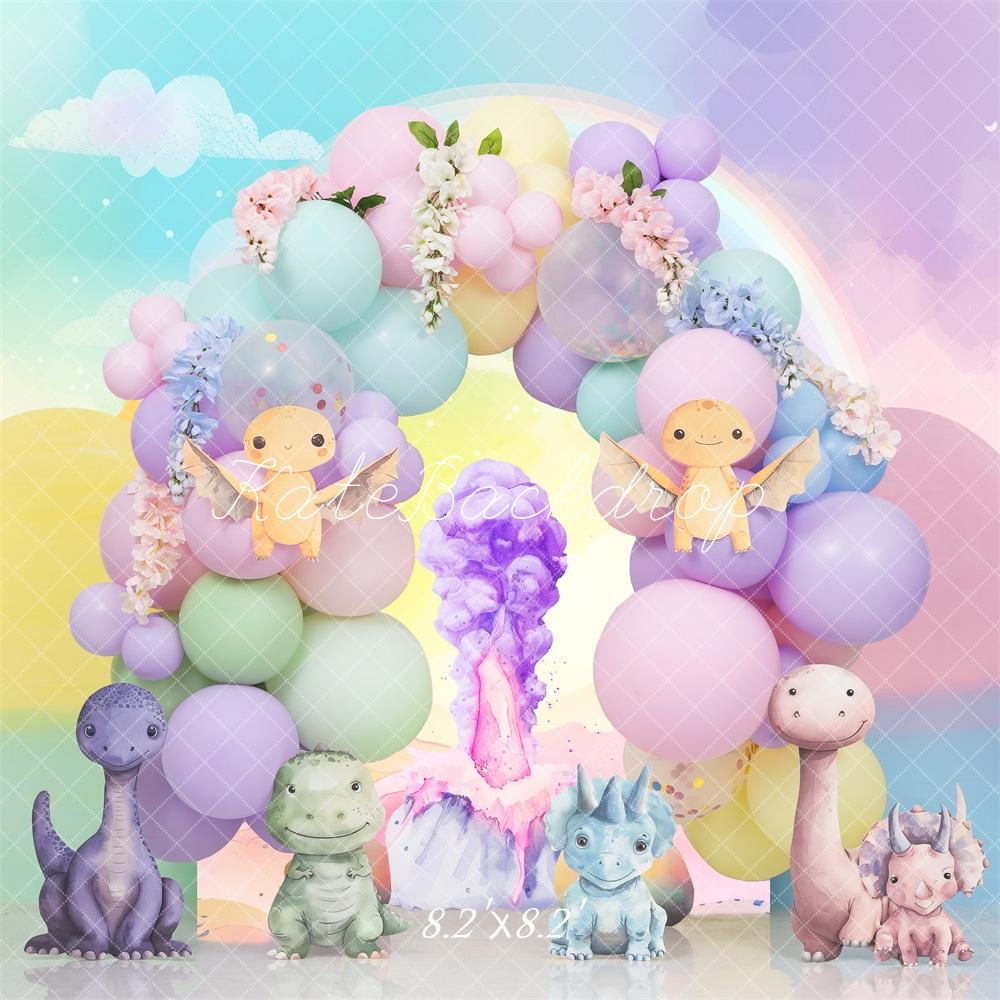 Kate Cake Smash Pastel Dino Colorful Balloon Arch Backdrop Designed by Mini MakeBelieve