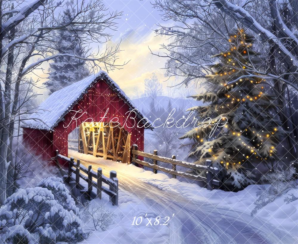 Kate Christmas Red Barn Bridge Backdrop Designed by Lidia Redekopp