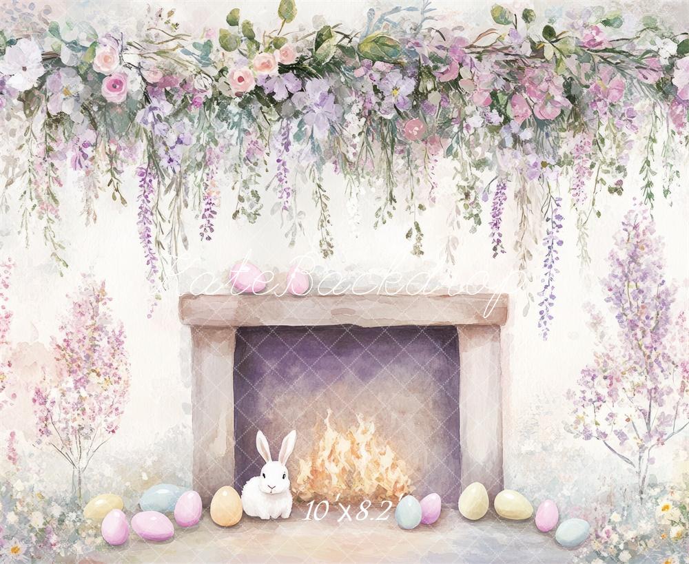 Kate Easter Cartoon Bunny Floral Fireplace Backdrop Designed by Mini MakeBelieve