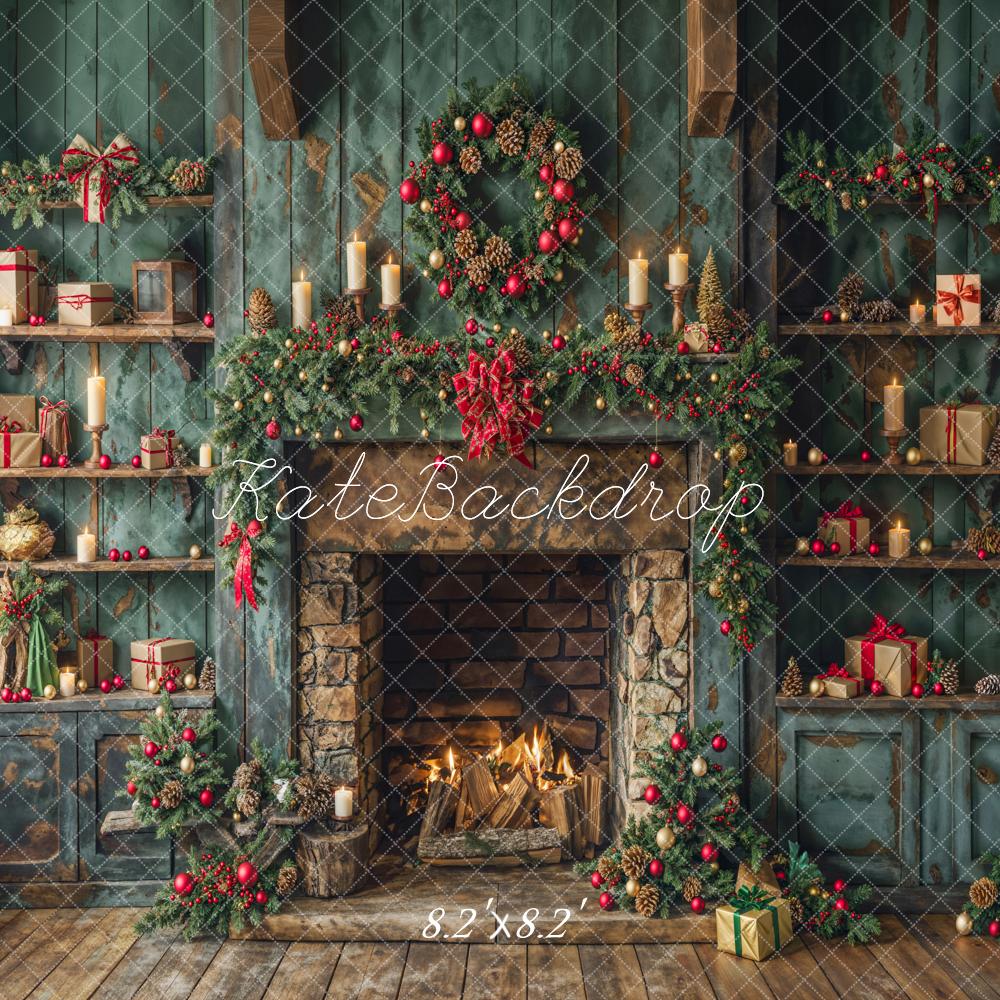 Kate Christmas Green Retro Cabinets Fireplace Backdrop Designed by Emetselch