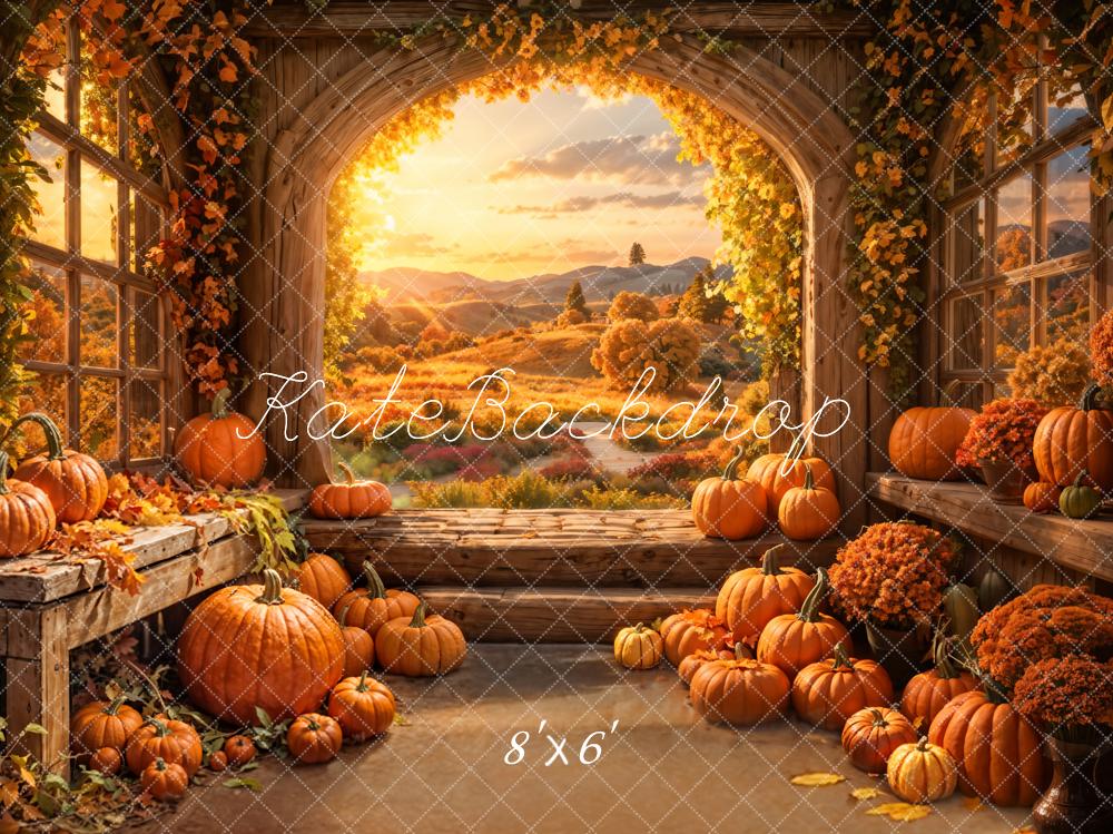 Fall Indoor Golden Pumpkin Barn Arch Window Foto Achtergrond Designed by Emetselch