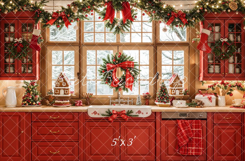 Kate Christmas Kitchen Red Retro Cabinets Window Backdrop Designed by Emetselch