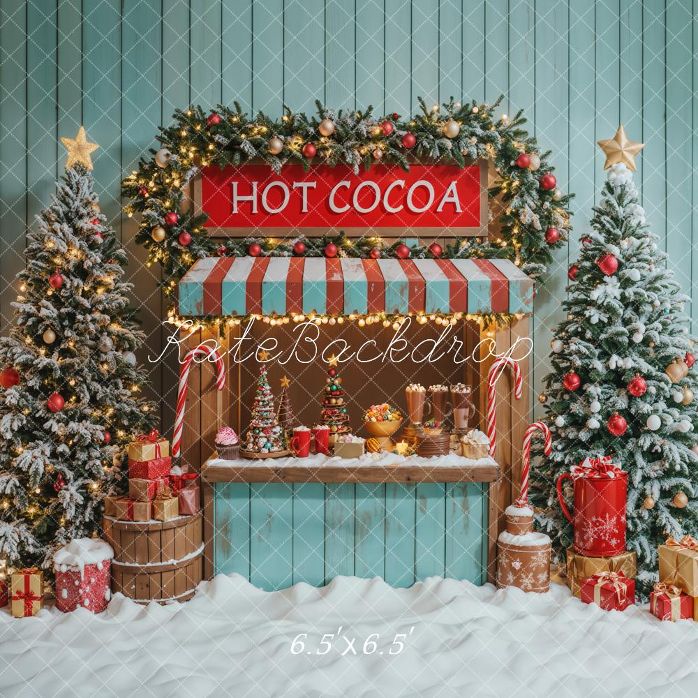 Kate Christmas Tree Hot Cocoa Stand Blue Backdrop Designed by Emetselch