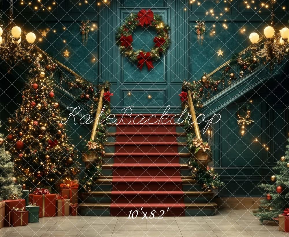 Kate Christmas Tree Cascading Stairs Retro Blue Backdrop Designed by Lidia Redekopp