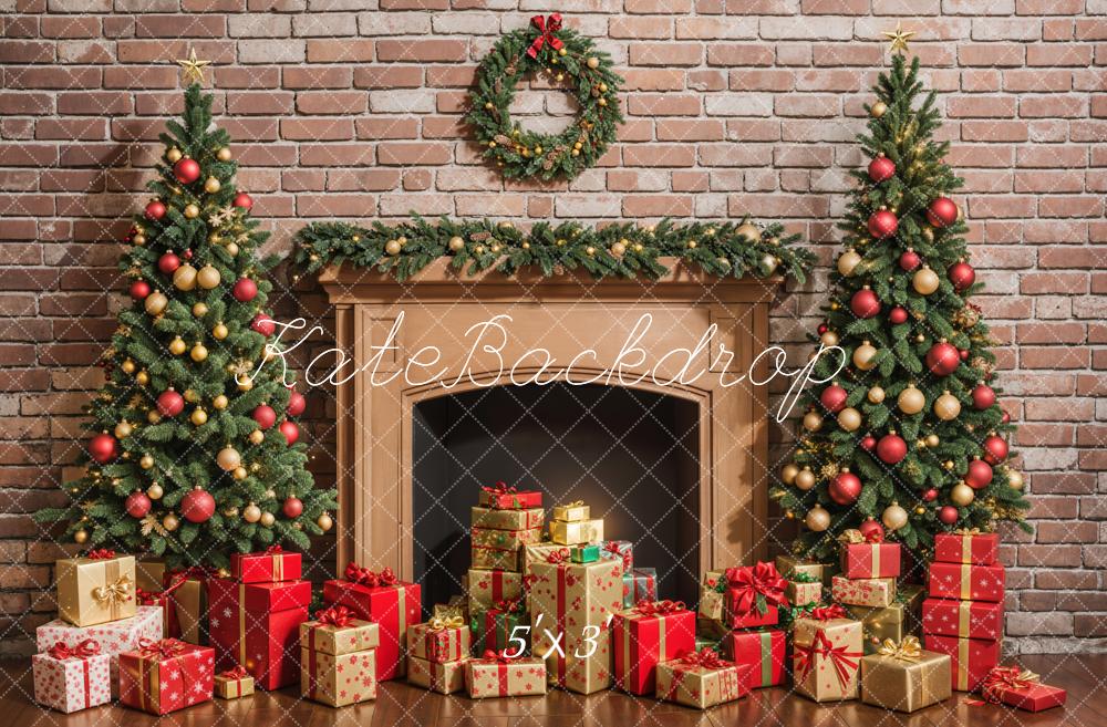 Kate Christmas Brown Fireplace Red Brick Wall Backdrop Designed by Emetselch