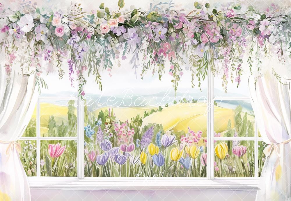 Kate Cartoon Spring Floral Window View Backdrop Designed by Mini MakeBelieve