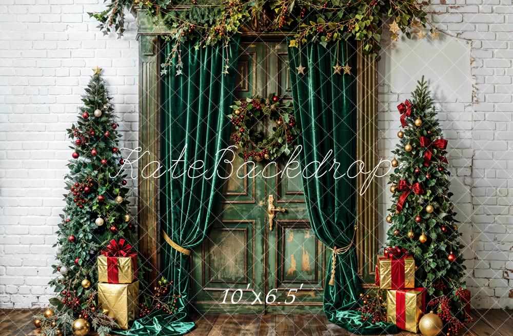 Kate Christmas Tree Green Curtains Vintage Door White Wall Backdrop Designed by Emetselch