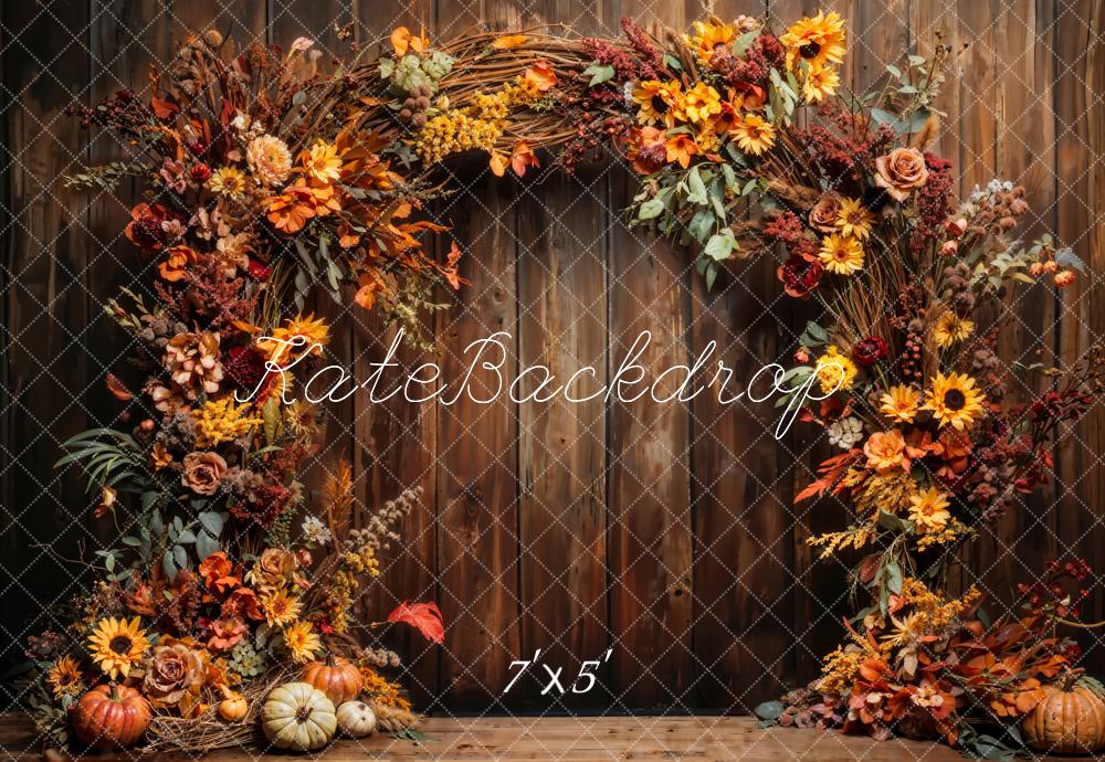 Pumpkin Artístico de Otoño para Pared de Madera con Arco de Flores – Diseñado por Chain Photography