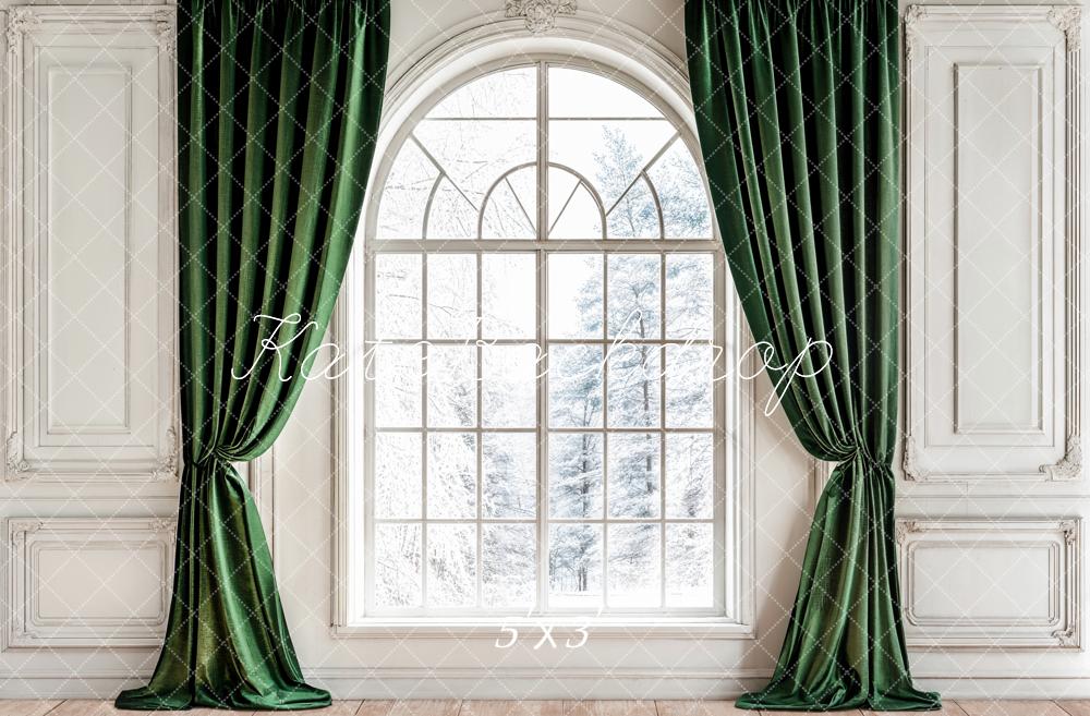 Fondo de Ventana con Cortinas Verdes Elegantes Diseñado por Emetselch