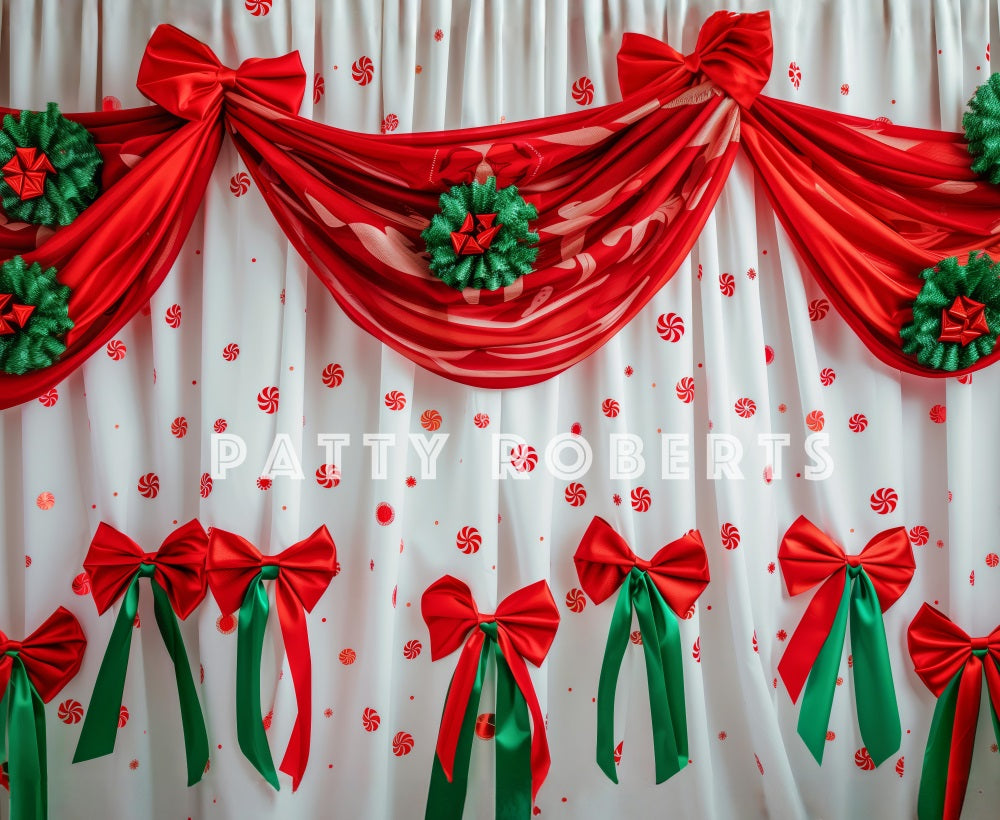 Kate Christmas Red Curtain With Green Hanging Ornaments Backdrop Designed by Patty Robert