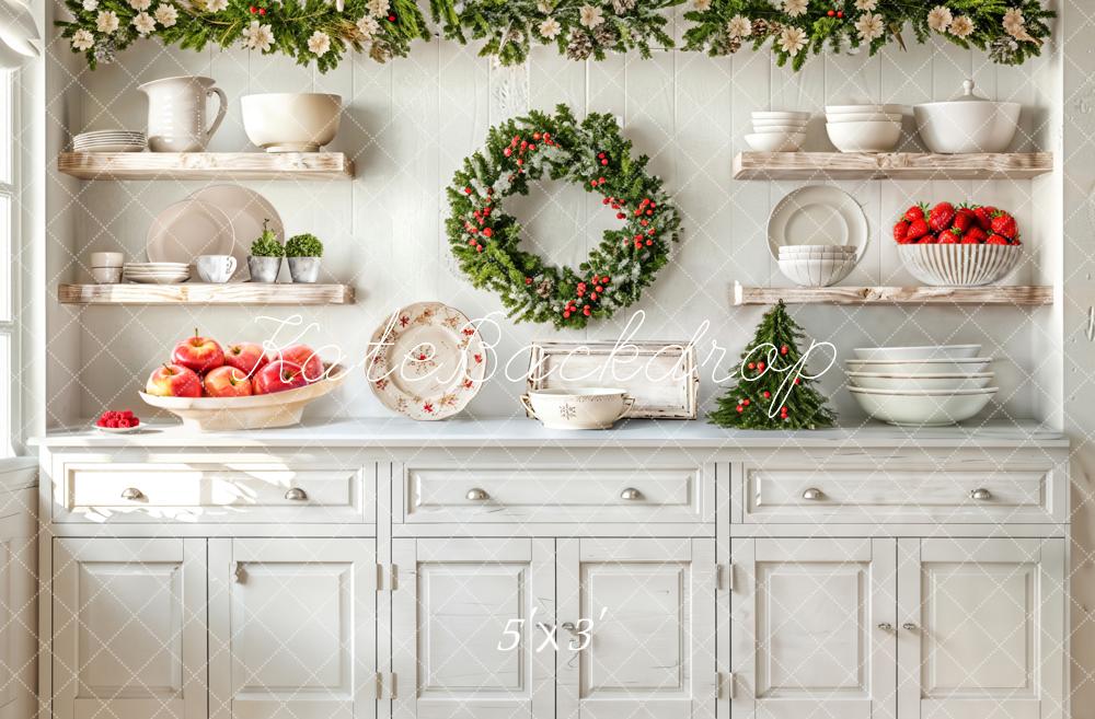 Kate Christmas Kitchen White Cabinets Cutlery Fruits Backdrop Designed by Emetselch