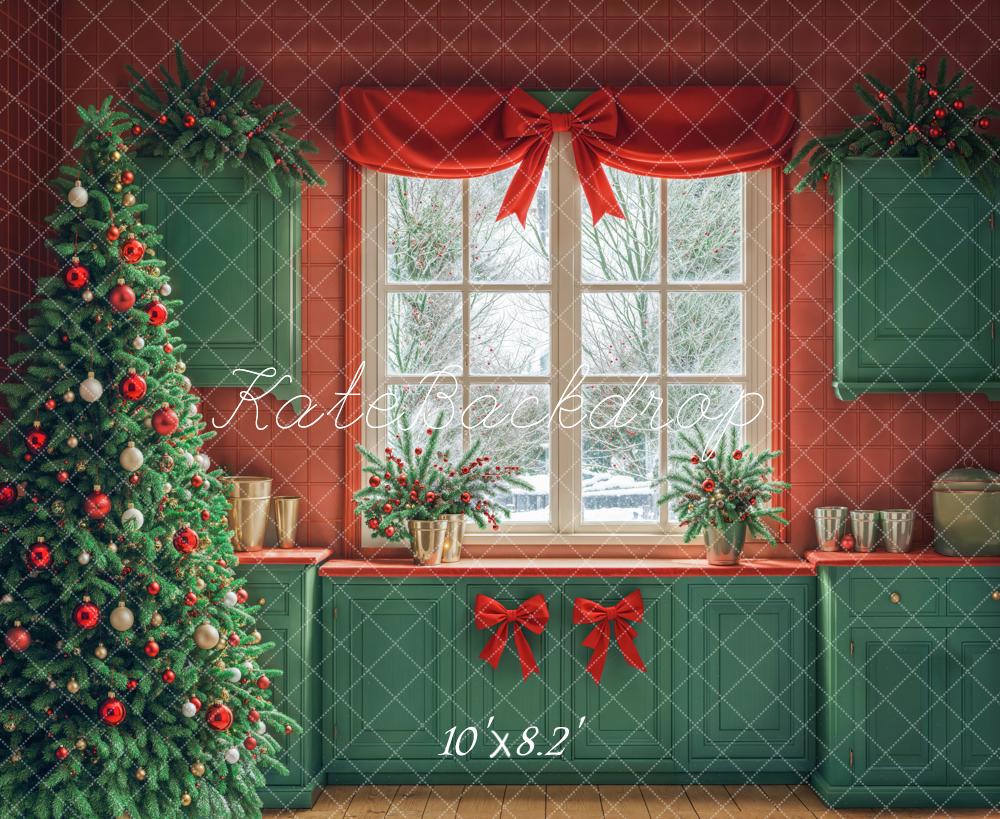 Kate Christmas Tree Kitchen Green Cabinets Red Wall Backdrop Designed by Emetselch