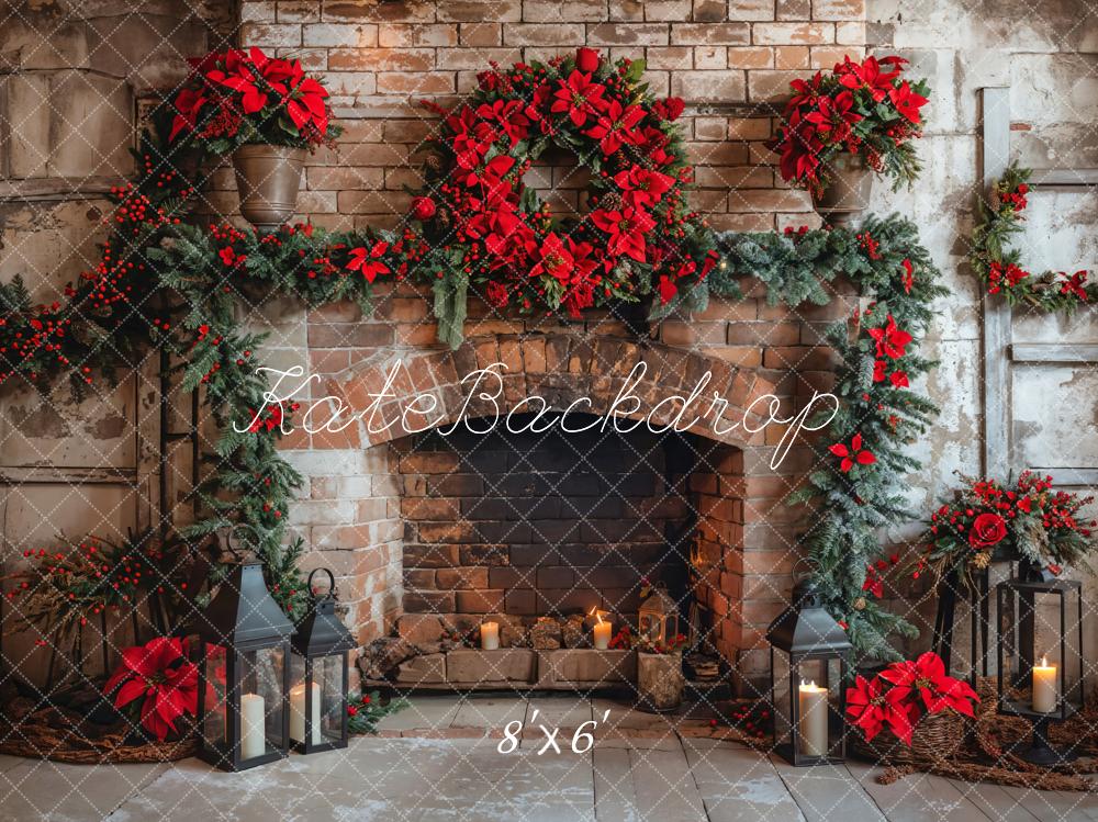 Kate Christmas Indoor Red Brick Fireplace Backdrop Designed by Emetselch